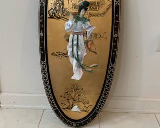Vintage Asian Oval Black Lacquer Wall Plaque with Soapstone Geisha Warrior Figure