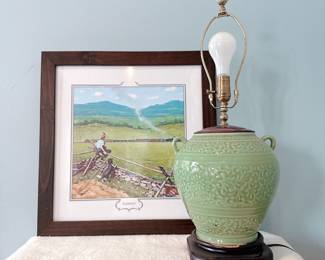 Celadon Green Porcelain Table Lamp, "Summer -Watching The Train" framed art print by Norman Rockwell