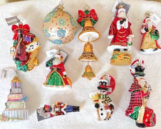 Collection of Christopher Radko Ornaments - "Forest Friends Santa," "Christmas Bell Trio," "Holiday Harmony," "Sweet 16 Cake Tier," "Fawned of Each Other," "Quite the Dickens,"