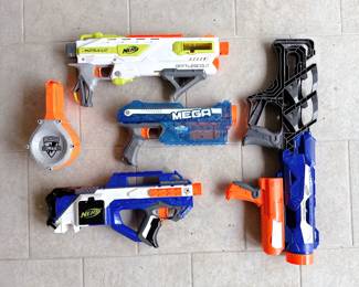 Nerf N-Strike Elite ThunderBlast missile launcher. Nerf N-Strike Elite Rayven CS-18 blaster. Nerf N-Strike Elite Modulus Battlescout ICS-10 blaster. Nerf N-Strike Elite Mega Series Sonic Ice Magnus Blaster. Nerf N-Strike Elite 25-round drum magazine