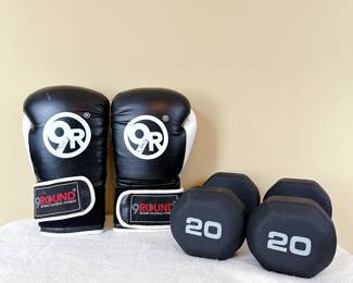 9Round adult lightweight training boxing gloves. 2 twenty-pound dumbbells