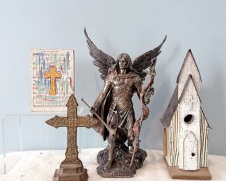 Nemesis Now Gabriel with staff, cast iron cross, fleur de lis budded design, standing, southern living at home bird sanctuary