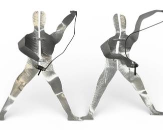 Pair Brushed Metal Figural Man Sculptures
