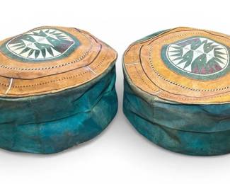 Pair Handmade Vintage Moroccan Leather Pouf Ottoman
