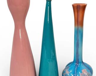 Three Mid Century Pink & Blue Vases
