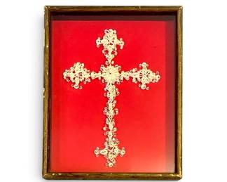 Early Scherenschnitte, Paper Quilling Cross in Frame
