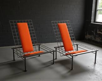 LES AMISCO Post Modern Reclining Metal Wire Chairs, Pair
