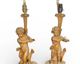 Pair Black Forest Hunting Cherub Dog Lamps
