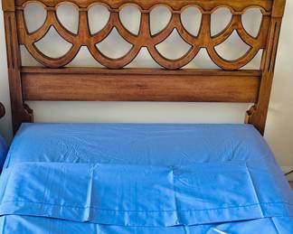 Stunning Henredon Hollywood Regency/ French Provincial Solid Pecan Twin Sized Headboard, Two Available, Shown with Jubilee Percale by Cannon Bed Sheets.