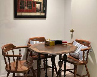 Vintage Octagonal Cherry Table, 30" x 29", by St. Johns and Poker Gaming Accessories and 28" x 24" Framed Print, "Cafe Des Amis" by Chiu Tak Hak.