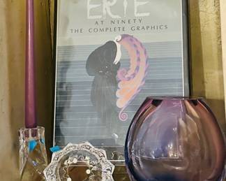 Gorgeous Vintage Orrefors (Signed) Twisted Crystal Candlestick, Shown with Additional Crystal by Orrefors, Stunning Murano Decorative Vase and Erte "At Ninety: The Complate Graphics" Hardcover Book.