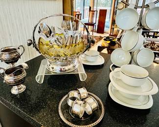 Stunning "Hexagon Block" Pattern Glass by Hobbs, Bruckunier & Co in a Silverplate Basket by Toronto Silver Co, Shown with Wallace Sterling, "Rose Point" Cream & Sugar, Two Sets of Gerber Miming Steak Knives, Dan's Silverware and More!