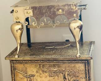 Gorgeous 19th Century Brass Doorman Trivet/Footman Kettle Stand and a Hedi Schoop (CA) Leaf Platter, Numbered 497.