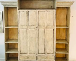 Incredible 3 Piece Longfellow Entertainment Wall Unit in Mushroom Color with Standard Distressing, Overall Length is 89", with Central Piece Measuring 49"W x 87"H x 24"D, and Exterior Shelving Units 20"W x 18.5"D x 78"H.