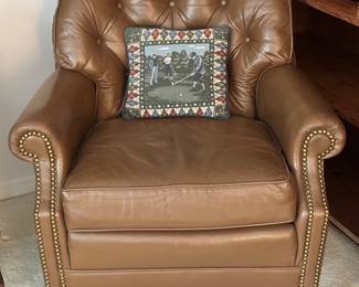 Custom Built for Newton Furniture Co. is a Gorgeous Leathercraft Tan Arm Chair with Tufted Back and Brass Nailhead Trim. 