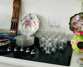 Delicate Fostoria "Holly" Appetizer Plates, Two Sets of 6 Available), Shown with an English Teaspoon Holder, Italioan Vietri Heart Dish and More!