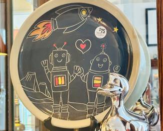 Fun Signed J. Wells Robotic Ceramic Pottery Plate Shown with a Silverplate "Ducky-Bank" Made in Denmark.