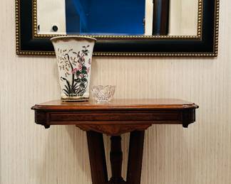 Ornately Carved Side Table on Castors, 28.25"W x 19"D x 29"H Shown with a Gorgeous Porcelain Hand Painted Vase.