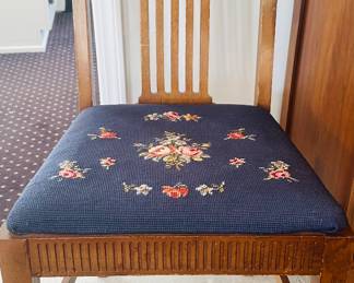 Beautiful Cherry Dining Chairs with Embroidered Navy and Floral Cushion, Set of 8.