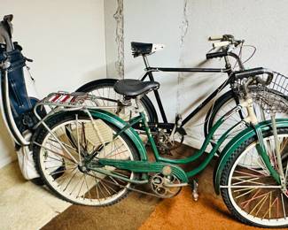 Vintage Bikes Including a Green Schwinn Spitfire and Black Sunbeam Bike.