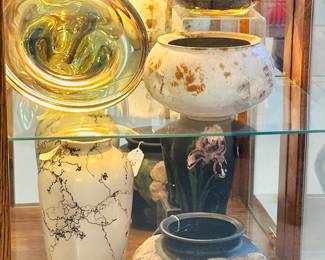 Gorgeous Artist Signed Blown Glass Shown with Signed Studio Pottery Including Tiffin.