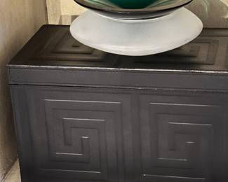 Stunning Glass 2-Piece Decorative Art Shown with a Leather Greek Key Designed Box.