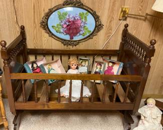 Sensational Antique Rocking Crib in the Victorian Jenny Lind Style Wood Spindle Design, Featuring a Collection of Wendy-Kin's Madame Alexander Dolls in Original Boxes!