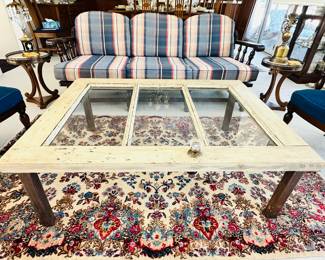 Custom Made Wooden and Glass Distressed Coffee Table, 47"W x 35.5"D x 16.5"H, Shown on Another Stunning Kerman Area Rug, 4'1" x 7'1.5"