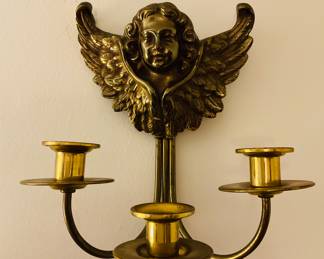 Vintage Brass Cherub Hanging Three Arm Candlesticks Holder, Two Available.