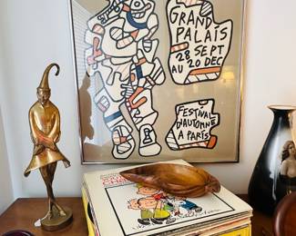Framed Vintage Exhibition Poster for French Artist Jean Dubuffet, Promoting his Retrospective Exhibition at the Grand Palais in Paris, 1973, 20.75"W x 27.5", Shown with   a Wooden "Monkey Pod" Made in Hawaii, a 17.5" Vintage Harlequin Jester by Hamspohn c. 1920 & More!