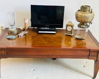 Lovely Harrison Pringle Coffee Table with Leather Top, Gold Embossing mounted on Castors, 44"W x 21.5"D x 16"H
