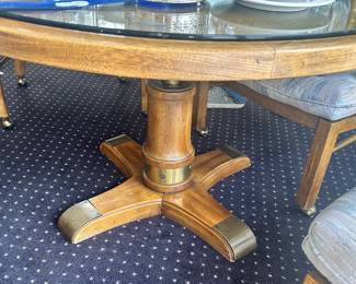 Base of the Drexel "Wood Briar" Height Adjustable Table with 4 Matching Captain Chairs on Casters and Custom Glass Top, 44"W.