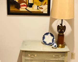 Vintage French Provincial Style Side Table Painted in Antiqued Sage Green with Gold Hardware.