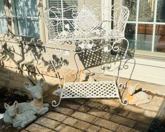Two Piece Wrought Iron Garden Stand with Decorative Cement Deer Figurines.