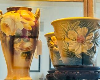 Roseville Pottery (USA) #6625 Ceramic Vase Shown with Hand Painted Nippon Rose Vase.