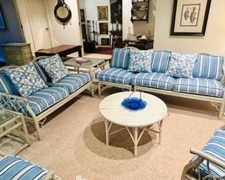 Beautifully Made Ficks Reed Co. 10 Piece Modular Sofa Group in Antiqued White with Sturdy Blue Striped Cushions in Reversible Patterns. (Made in the USA)