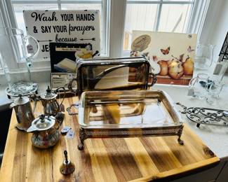 Gorgeous Vintage Sheridan Handled Serving Stand with Pyrex Dish, A Trio or Silver Plate Creamers, MCM Cut Glass Oversize Pitcher and More!
