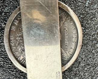  Leonore Doskow Handmade Sterling Money Clip and 1887 Morgan Silver Dollar.