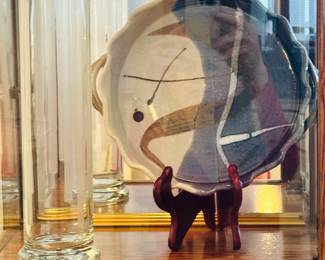 Gorgeous 13.5" Vase With Striped Etching Shown with a Stunning Christopher Bragg Signed Handled Ceramic Pottery Dish.