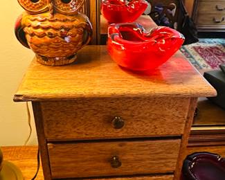 MCM Ceramic 2 Piece Owl Lamp Shown with a Murano Sommerso Glass Ashtray and a 3-Drawer Vintage Jewelry Box.