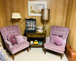 Wonderful Pair of Vintage Lilac Velvet Tufted Wingback Armchair in a MCM "Biscuit" Tufted Pattern, 27"W x 25"D x 35"H Shown with an Acme-Lite Movie Camera Lite Bar Set, a Mansfield Reporter Model 650 8mm Action Editor and More!