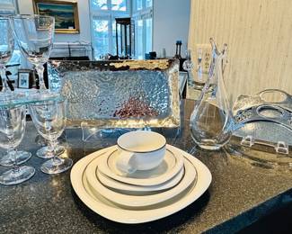 Another View of the Stunning Rosenthal 5 Piece Place Setting, Shown with Lenox "Sentiment" Wine Glasses with Platinum Rim, Distinctive Holmgaard "Beak Vase", Mary Jurek Stainless Steel "Aurora" Rectangle Tray and Vintage Art Nouveau Silver Plated Crumb Tray.