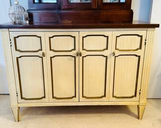 French Style Distressed Painted and Wooden Top Storage Chest with Pull Out Drawers, 40"W x 16" x 28"