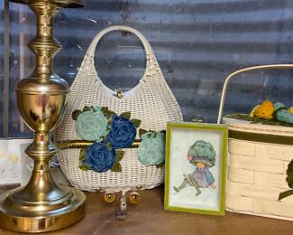 Lovely Vintage White Wicker Handbag with a Floral Appliqué Design, a Vintage 3-D Bonnet Girl Shadow Box and a Vintage Weighted Pendulum Mechanism for Antique Dolls Referred to as "Sleep Eyes".