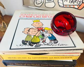 MSM Viking Glass Orb Ashtray in Vibrant Red Shown with Many Records Available including a 1966 LES-900 Charlie Brown LP, Walt Disney, "Learning to Tell Time" LP DQ-1263 & More!