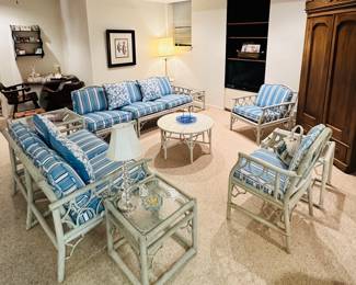 Another View of the Beautifully Made Ficks Reed Co. Modular Sofa Group in Antiqued White with Sturdy Blue Striped Cushions in Reversible Patterns. 