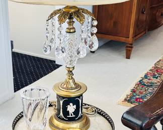 One of a Pair of Vintage Round Side Table with Marble and Brass Filigree Top and Wooden 3-Leg Base, Sold as a Pair, 13.5/8" x 18.5".