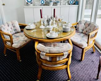 Drexel "Wood Briar" Height Adjustable Table with 4 Matching Captain Chairs on Casters and Custom Glass Top, 44"W.