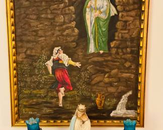 Still More H. Gavin Signed Artwork (1945, 29" x 38") Available Shown with Beautiful Brass Candlesticks and a Virgin Mary Figurine.