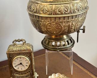 Part of the Wonderful Brass and Bronze Collection Available Includes an Antique Brass Kerosene Lamp, an Ornate Linden Gilt Brass Mantle Clock with Alarm and a Trio of Shell Shaped Etched Brass Leaf Footed Trinket Dishes.
